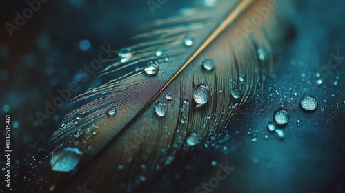 Raindrops glisten on a delicate feather resting on a soft surface in a serene...