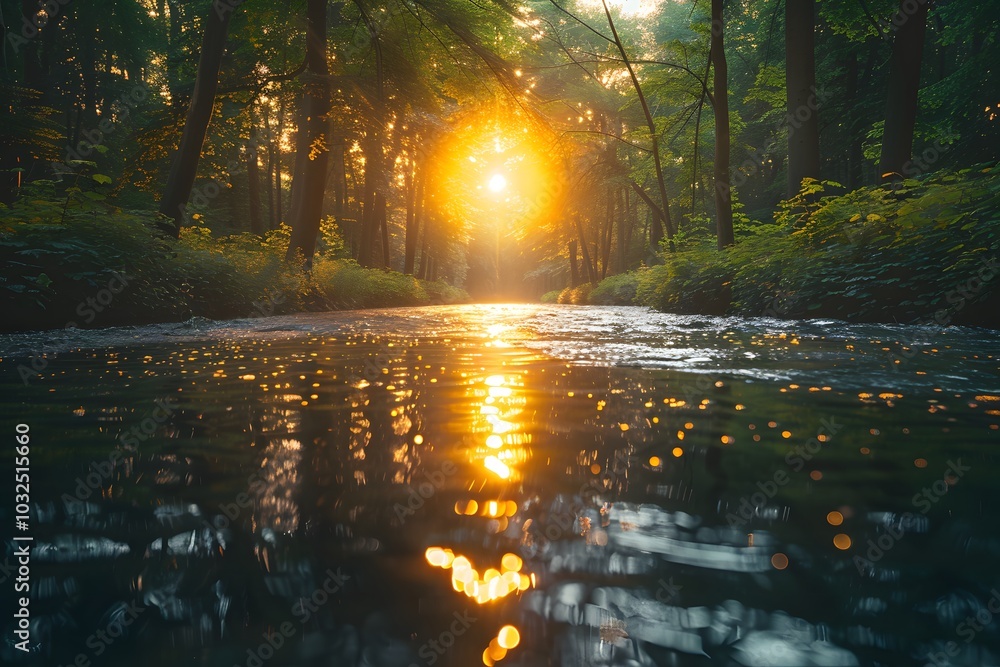 Obraz premium Serene Sunset Reflections Over a Tranquil Forest Stream