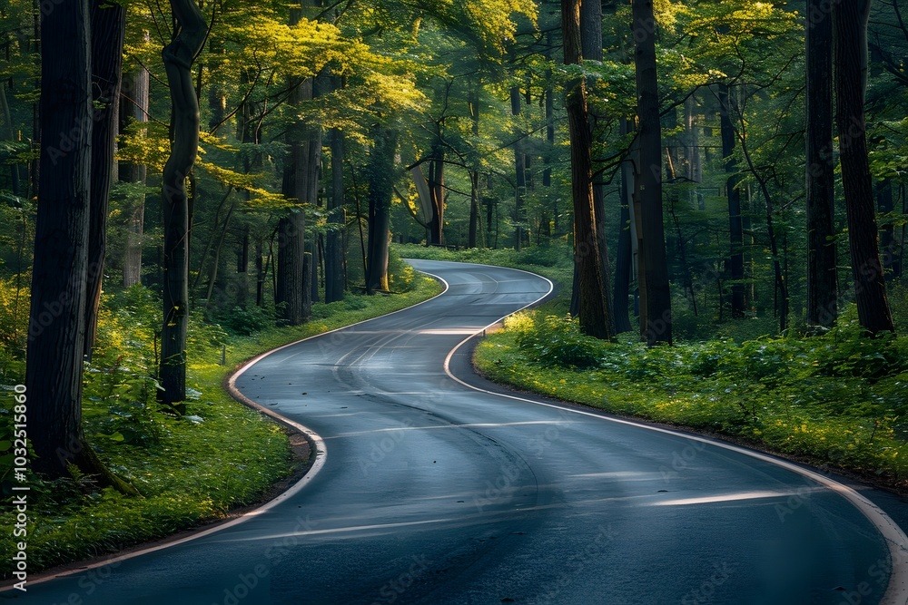 Fototapeta premium Serene Curved Road Through Lush Green Forest