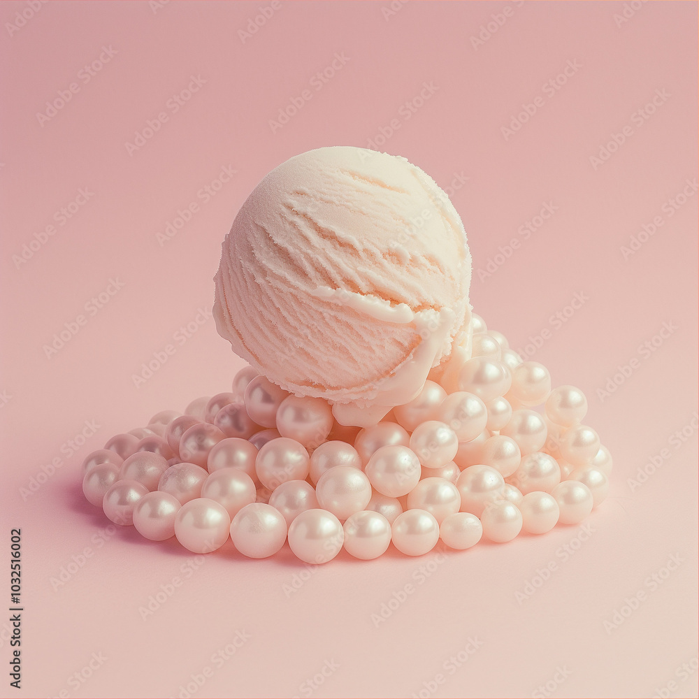 Obraz premium A scoop of vanilla ice cream elegantly placed atop a pile of luminous pearls. Playful and elegant, contrasting dessert elements.