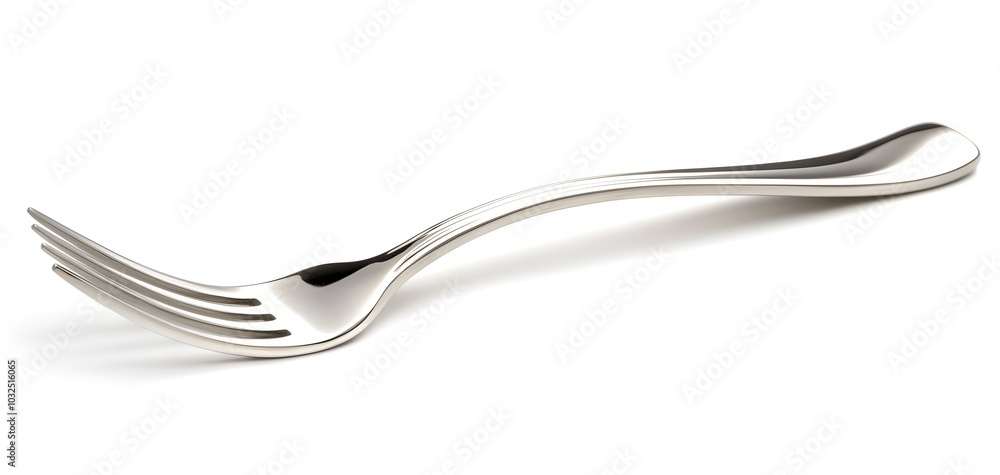 A shiny silver fork, isolated on a white background, with clean lines and a polished surface reflecting light A shiny silver fork, isolated on a white background, with clean lines and a polished surface reflecting light