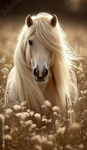 Majestic white horse grazing in a sunlit meadow with flowing mane during gold...
