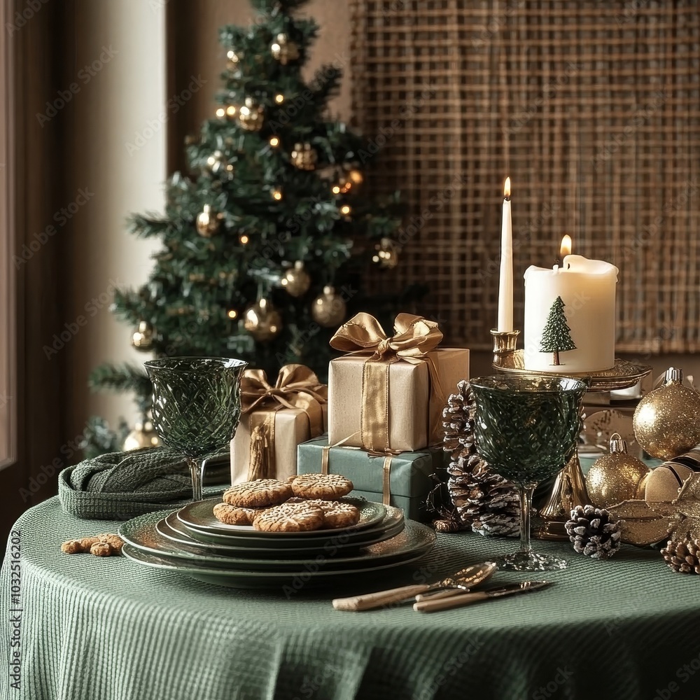 Christmas composition of warm living room interior with christmas tree, balls, gifts, wooden coffee table, white armchair, candle, wooden consola and personal accessories. Home decor, Generative AI Christmas composition of warm living room interior with christmas tree, balls, gifts, wooden coffee table, white armchair, candle, wooden consola and personal accessories. Home decor, Generative AI