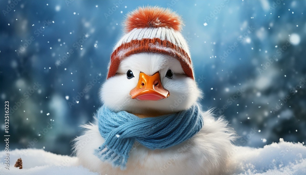 A cute duck with a knitted hat and scarf enjoys a snowy winter landscape and exudes Christmas joy. A cute duck with a knitted hat and scarf enjoys a snowy winter landscape and exudes Christmas joy.