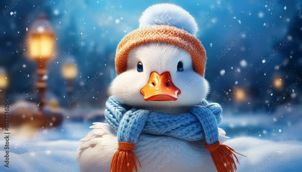A cute duck with a knitted hat and scarf enjoys a snowy winter landscape and exudes Christmas joy. A cute duck with a knitted hat and scarf enjoys a snowy winter landscape and exudes Christmas joy.
