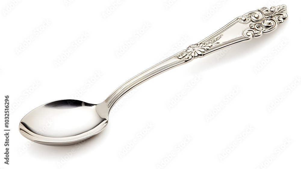 A silver spoon with intricate details on the handle, isolated on a white background, reflecting light on its polished surface A silver spoon with intricate details on the handle, isolated on a white background, reflecting light on its polished surface