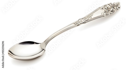 A silver spoon with intricate details on the handle, isolated on a white background, reflecting light on its polished surface