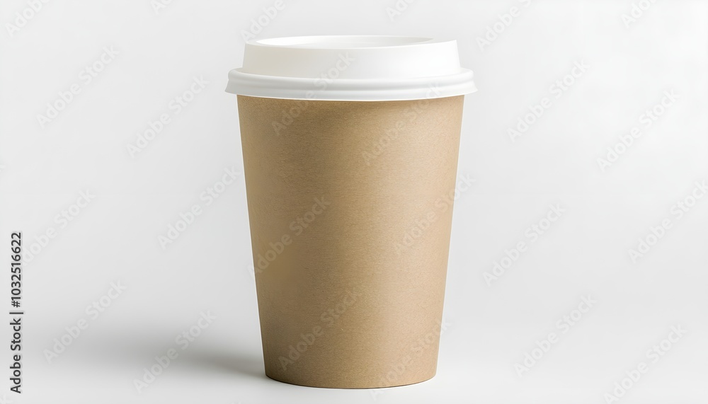 A single brown paper coffee cup with a white lid, isolated on a white background, showcasing its simple, eco-friendly design A single brown paper coffee cup with a white lid, isolated on a white background, showcasing its simple, eco-friendly design