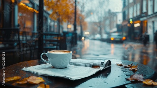 A warm coffee rests on a wet table beside a newspaper on a bustling, rainy day