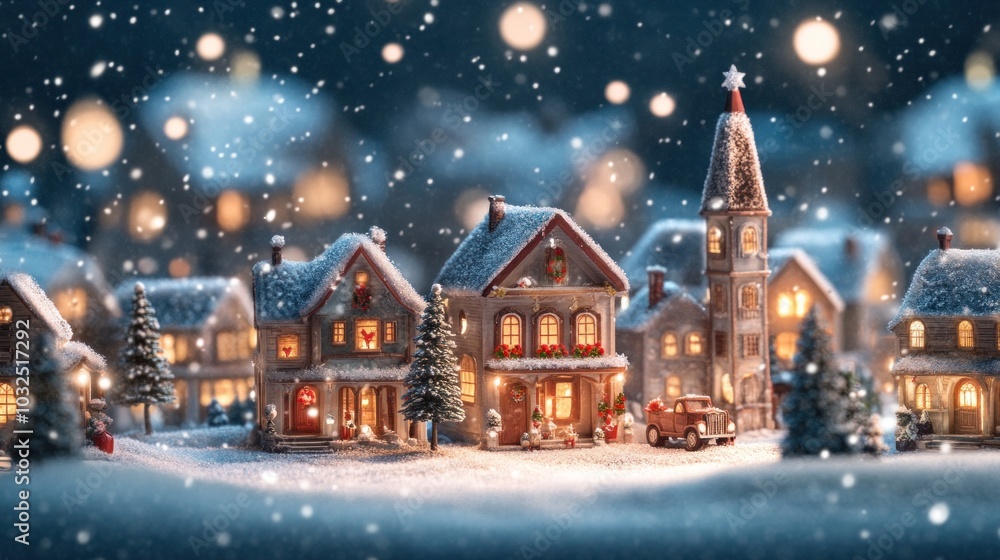 Fototapeta premium Miniature Christmas village with falling snowflakes in a cozy winter scene.