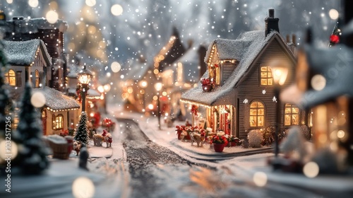 Miniature Christmas village with snowflakes falling softly, whimsical charm, delightful details in cozy winter scene. Holiday and winter.