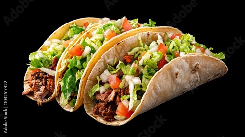 Three Soft Tacos with Ground Meat, Lettuce, Tomato, and Onion