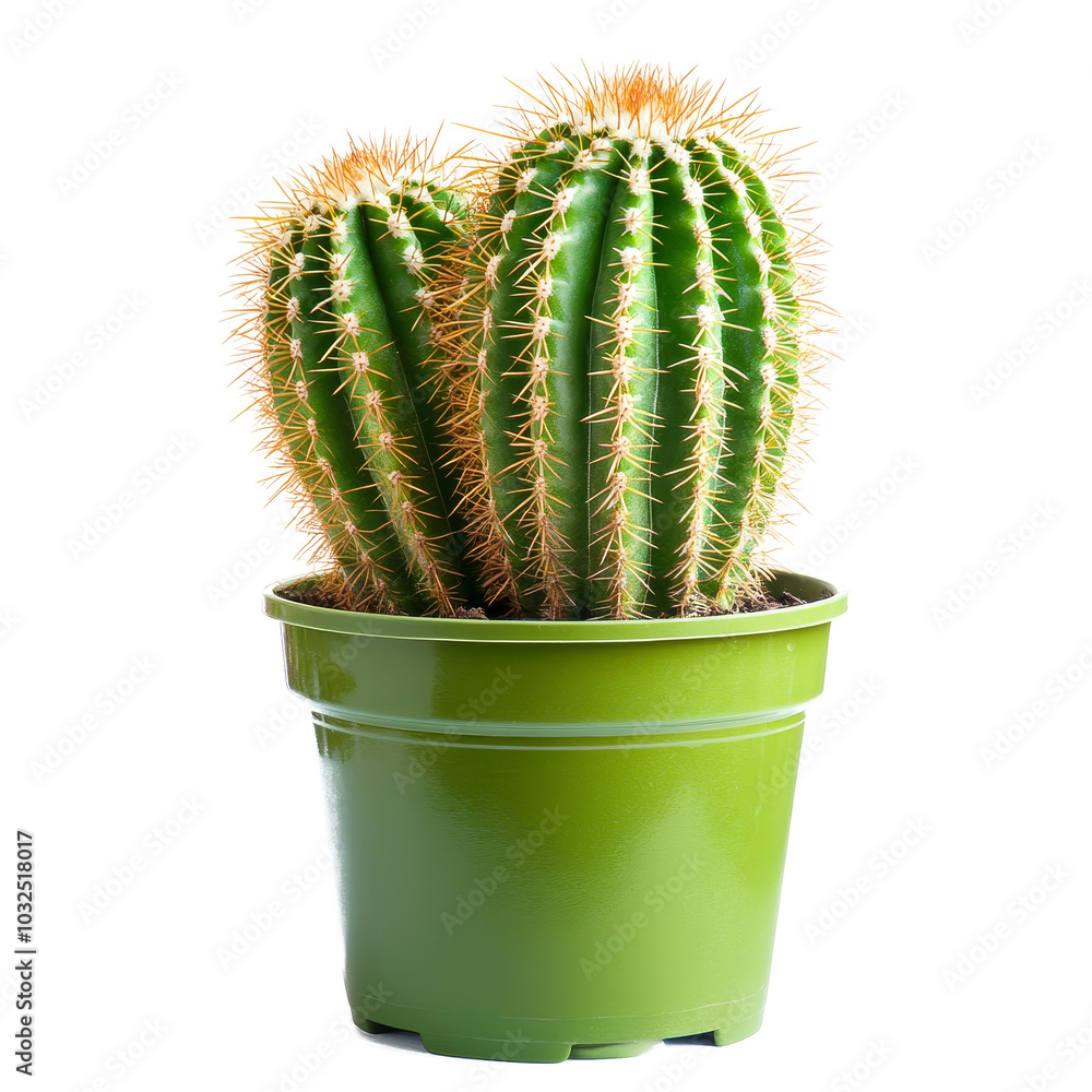 A vibrant cactus thriving in a green container against a clean transparent background, of cactus on container isolated on transparent background A vibrant cactus thriving in a green container against a clean transparent background, of cactus on container isolated on transparent background