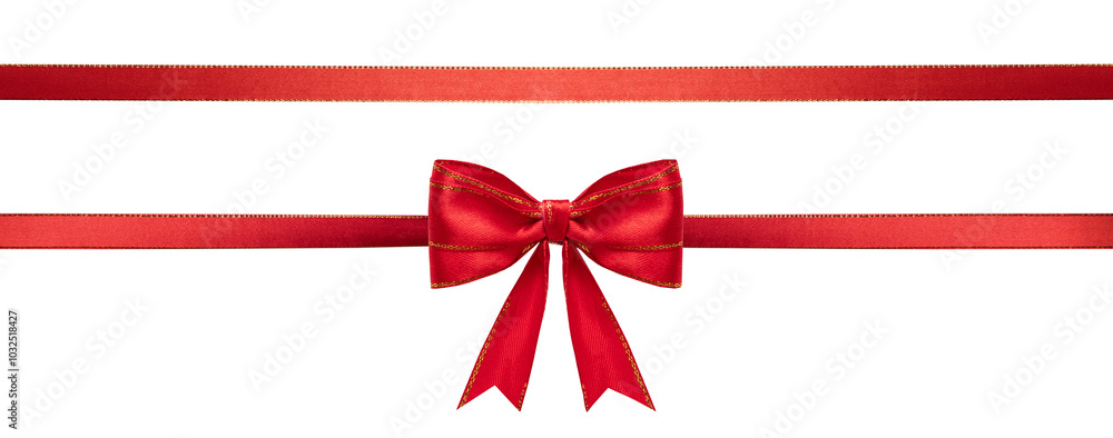 Red satin bow and ribbon isolated on white. Gift box decor, Christmas design element. Red satin bow and ribbon isolated on white. Gift box decor, Christmas design element.
