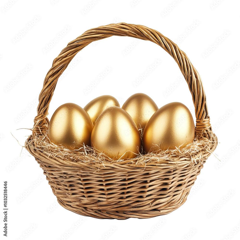 Golden Easter eggs nestled in a woven basket ready for spring festivities and celebrations, Golden easter eggs in a basket isolated on transparent background Golden Easter eggs nestled in a woven basket ready for spring festivities and celebrations, Golden easter eggs in a basket isolated on transparent background