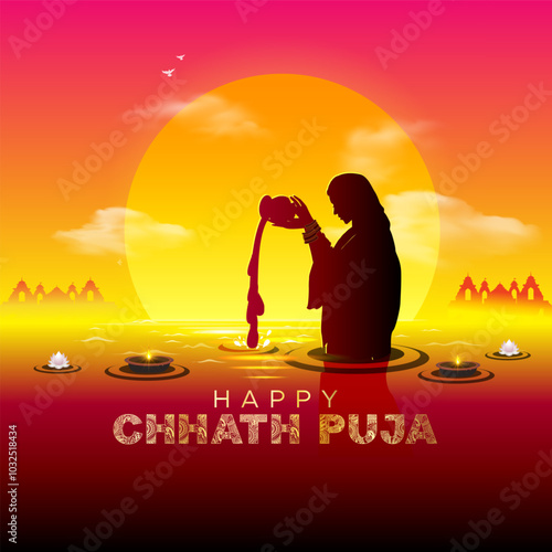 Vector illustration of Chhath puja background. Indian festival greeting, poster, banner, card design.