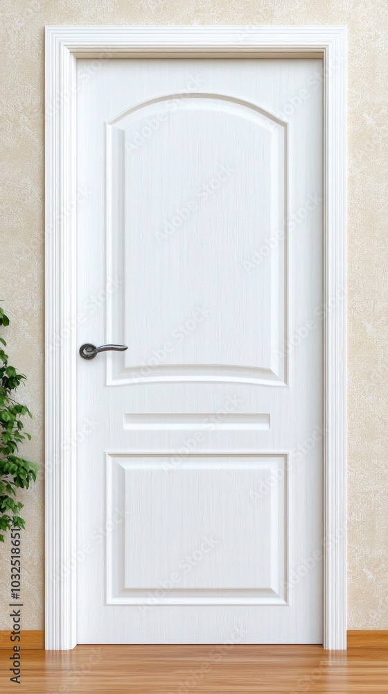 Elegant cream door with detailed trim enhances sophisticated interior design featuring modern sofa and soft lighting Elegant cream door with detailed trim enhances sophisticated interior design featuring modern sofa and soft lighting