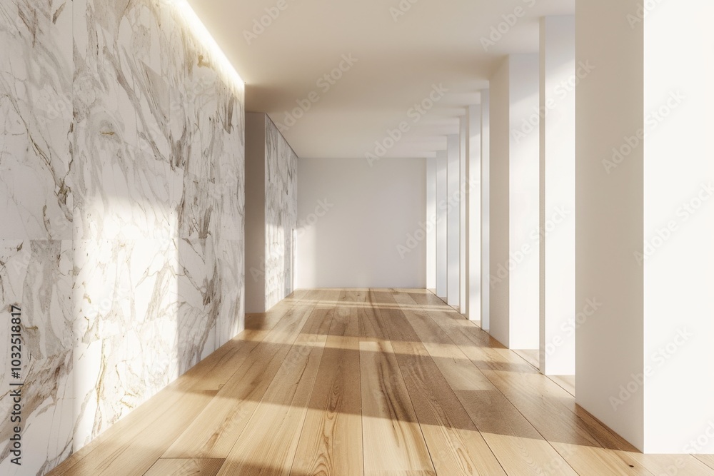 Obraz premium Wooden bench near marble stone wall and wood paneling in cozy hallway. Minimalist home interior design of modern entrance hall with big window.