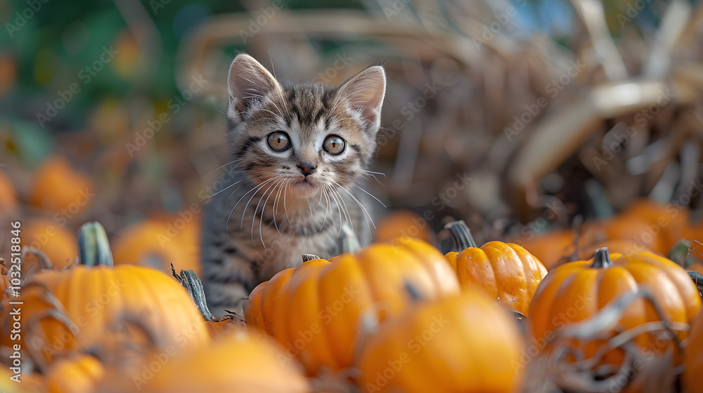 A kitten with big, round eyes sitting in a pumpkin patch, its tiny body surrounded by the bright orange pumpkins, creating a cute autumn scene A kitten with big, round eyes sitting in a pumpkin patch, its tiny body surrounded by the bright orange pumpkins, creating a cute autumn scene