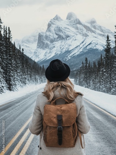 Person with a backpack walking on a snowy road surrounded by mountains in winter