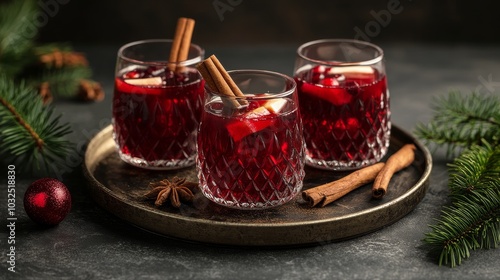 Festive cranberry drinks with cinnamon served on an ornate tray during a cele...