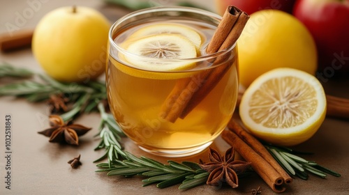 Warm lemon drink with spices garnished with rosemary and star anise on a wood...
