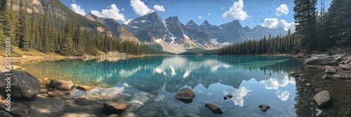 Tranquil mountain lake reflecting peaks and sky in a stunning natural landsca...