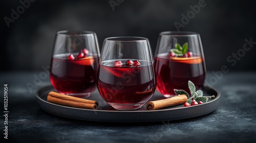 Festive cranberry drinks with cinnamon served on an ornate tray during a cele...