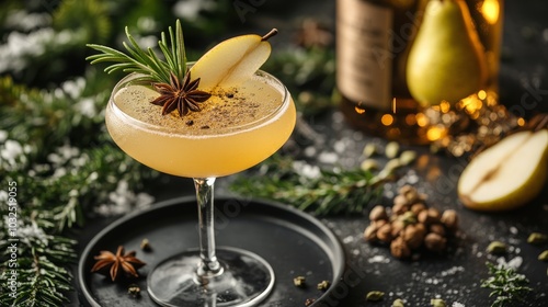 Elegant pear cocktail garnished with rosemary and star anise surrounded by fe...