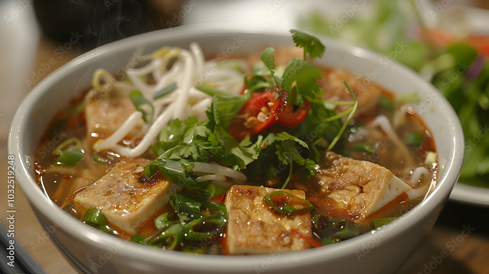 Vegan pho with tofu and assorted greens Vegan pho with tofu and assorted greens