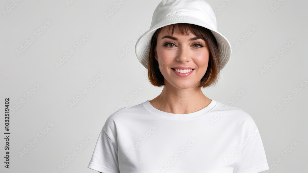 Woman with short hair wearing white t-shirt and white bucket hat isolated on grey background Woman with short hair wearing white t-shirt and white bucket hat isolated on grey background