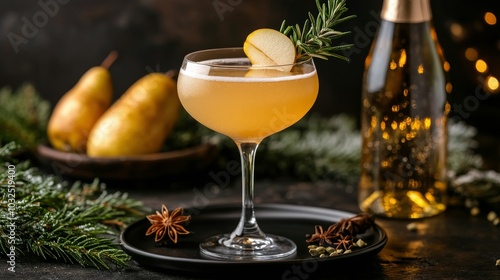 Elegant pear cocktail garnished with rosemary and star anise surrounded by fe...