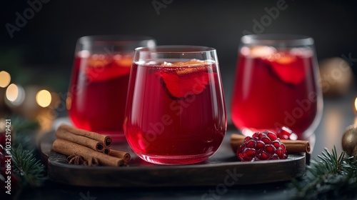 Festive cranberry drinks with cinnamon served on an ornate tray during a cele...