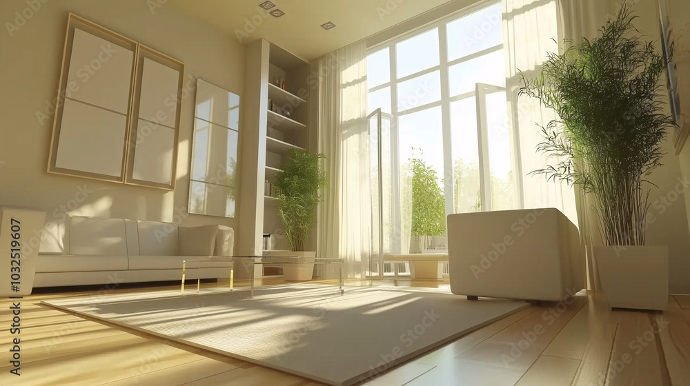Minimalist living room in neutral shades, with clean lines, open space, and warm natural light filling the room Minimalist living room in neutral shades, with clean lines, open space, and warm natural light filling the room