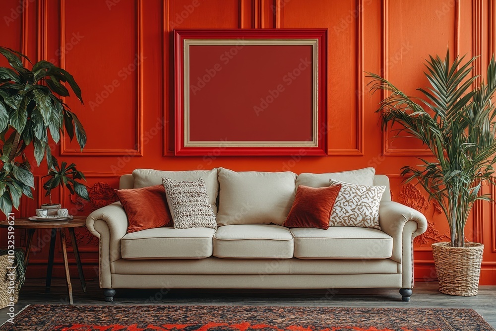 Fototapeta premium Warm and cozy living room interior with red mock up poster frame, copy space, stylish beige sofa, patterned pillow, coffee table and personal accessories. Home decor, Generative AI
