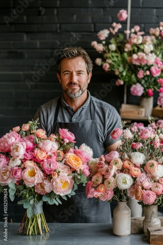 A florist arranging colorful bouquets in a rustic shop with a dark brick back...