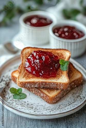 Deliciously toasted bread topped with sweet jam and garnished with mint on a ...