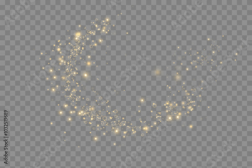 Gold sparks and golden stars glitter special light effect. Vector sparkles on transparent background. Christmas abstract.