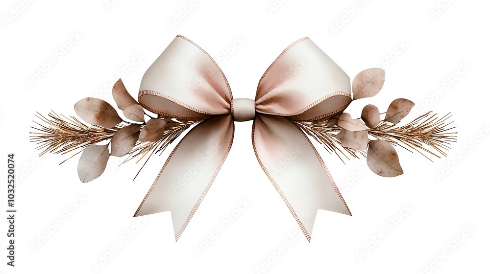 a festive Christmas bow clipart, tinsel trim, watercolor illustration, gold with red accents, isolated on white background a festive Christmas bow clipart, tinsel trim, watercolor illustration, gold with red accents, isolated on white background