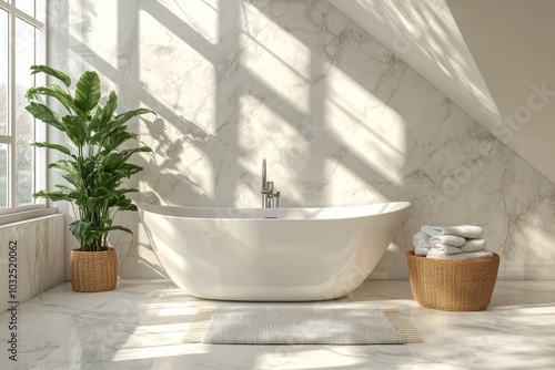 Stylish bathroom interior design with marble panels. Bathtub, towels and other personal bathroom accessories. Modern glamour interior concept. Roof window, Generative AI