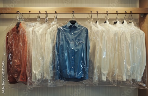 Collection of neatly hung dress shirts in protective covers arranged on a woo...