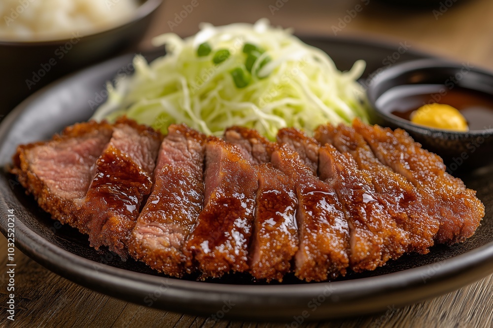 Close-Up Shot of Tasty Japanese Gyukatsu (Beef Cutlet) with Crispy Coating and Traditional Sides Ideal for Food Photography, Menus, and Restaurant Marketing Close-Up Shot of Tasty Japanese Gyukatsu (Beef Cutlet) with Crispy Coating and Traditional Sides Ideal for Food Photography, Menus, and Restaurant Marketing