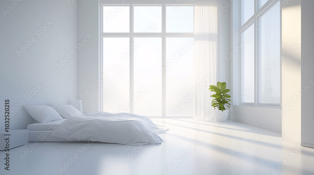 Calm and serene minimalist bedroom with large windows, soft lighting, and simple, modern furniture Calm and serene minimalist bedroom with large windows, soft lighting, and simple, modern furniture