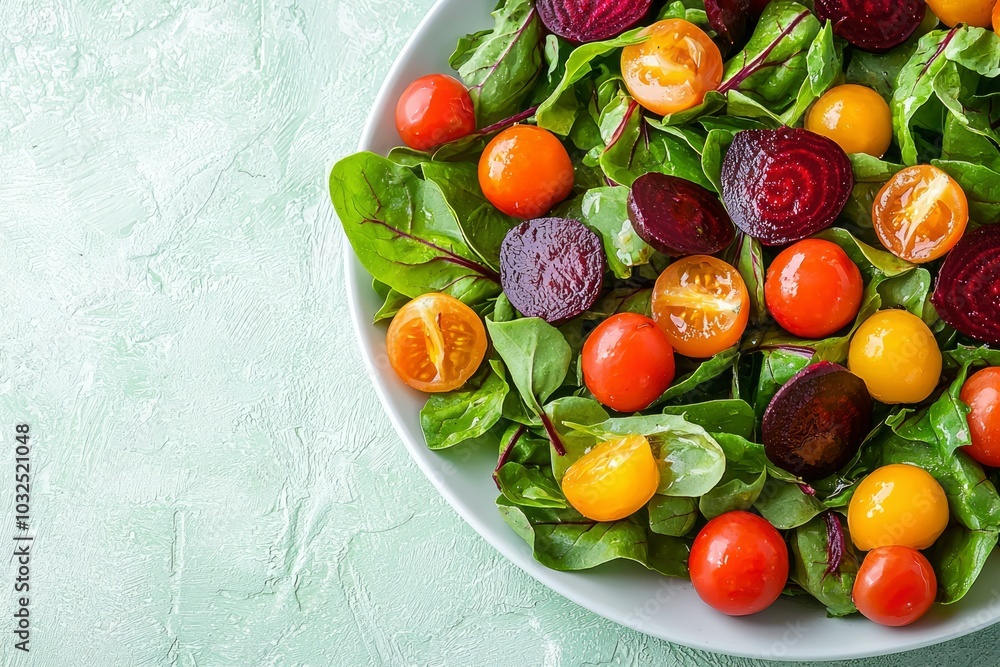 A Fresh Salad of Red and Yellow Tomatoes, Beets, and Green Lettuce
