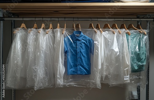 Collection of neatly hung dress shirts in protective covers arranged on a woo...