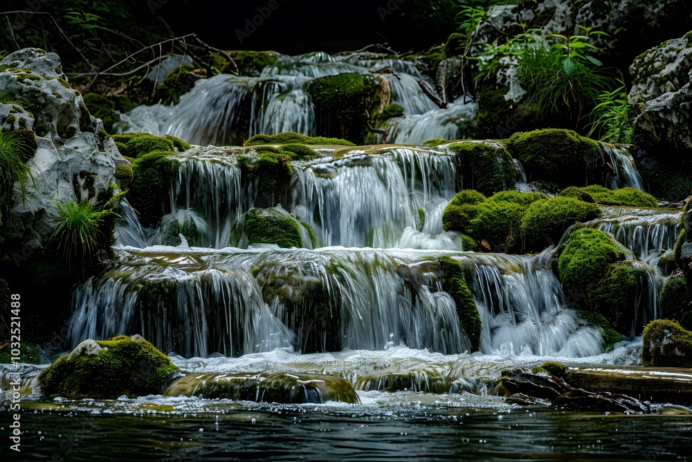 Fototapeta premium Serene Cascading Waterfall Surrounded by Lush Greenery