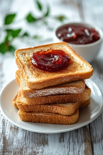 Deliciously toasted bread topped with sweet jam and garnished with mint on a ...