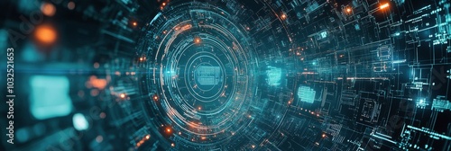 Exploring a futuristic digital tunnel filled with glowing circuits and data p...