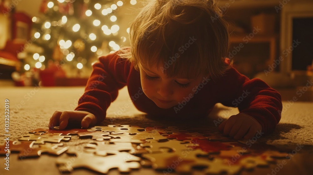 A young child is working on a puzzle on the floor in front of a Christmas tree with lights. A young child is working on a puzzle on the floor in front of a Christmas tree with lights.