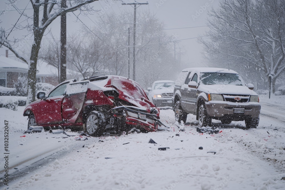 Winter Car Accident: Red Car Rear-Ends Grey SUV on Snowy Road - Safety and Awareness Winter Car Accident: Red Car Rear-Ends Grey SUV on Snowy Road - Safety and Awareness